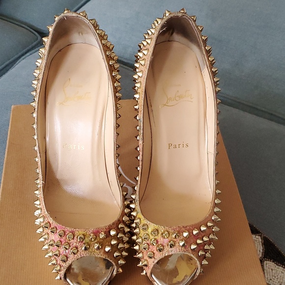 Christian Louboutin Metallic Spike Lady Peep 38.5/ US 8 Cork Multicolor - Picture 4 of 13